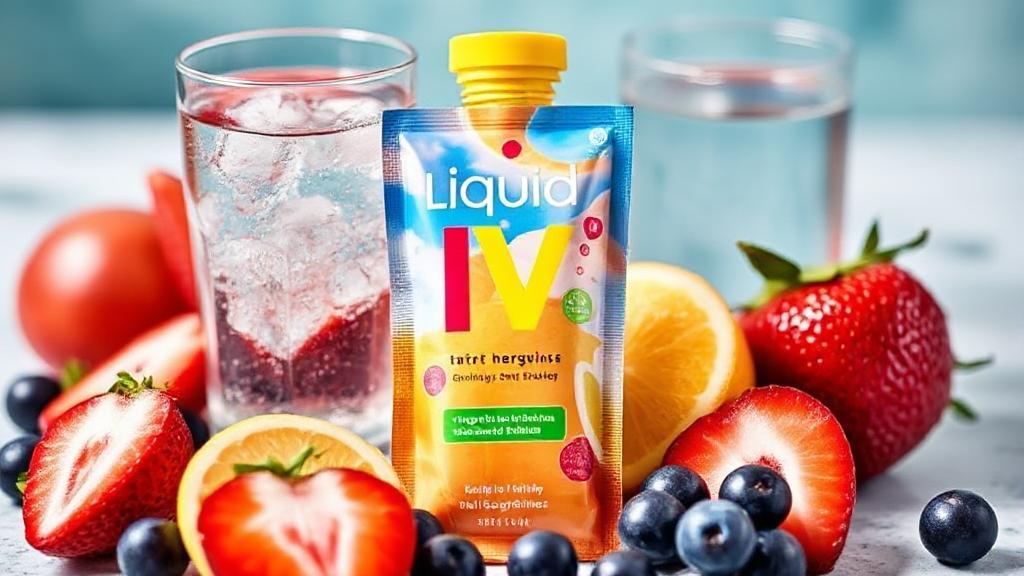 A vibrant image of a Liquid IV packet surrounded by fresh fruits and a glass of water, highlighting its refreshing and energizing qualities.