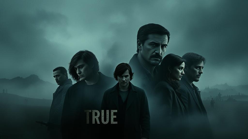 A moody, atmospheric collage featuring the main characters from each season of "True Detective" against a backdrop of eerie, fog-laden landscapes.