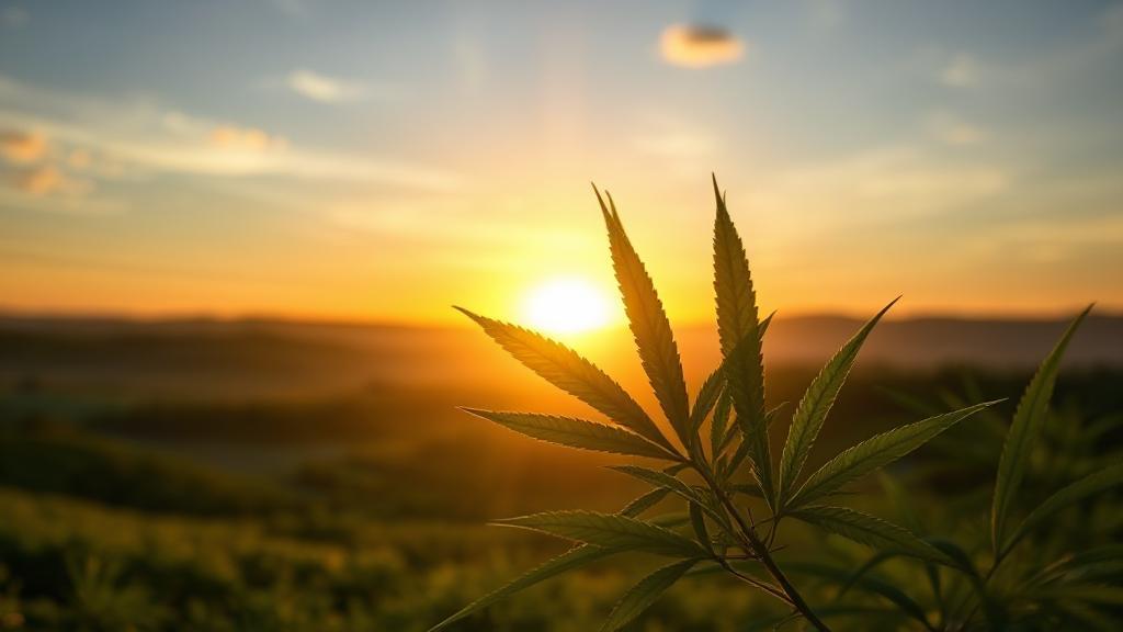 A serene landscape with a sunrise symbolizing new beginnings, featuring a subtle overlay of a cannabis leaf fading into the background.