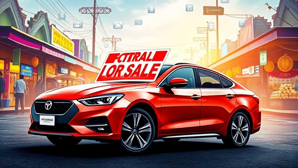 A dynamic image of a car with a "For Sale" sign, set against a backdrop of bustling marketplaces and online platforms, symbolizing diverse selling opportunities.