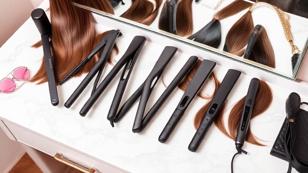 A collection of modern hair straighteners arranged on a sleek vanity, surrounded by glossy, smooth hair strands and stylish accessories.