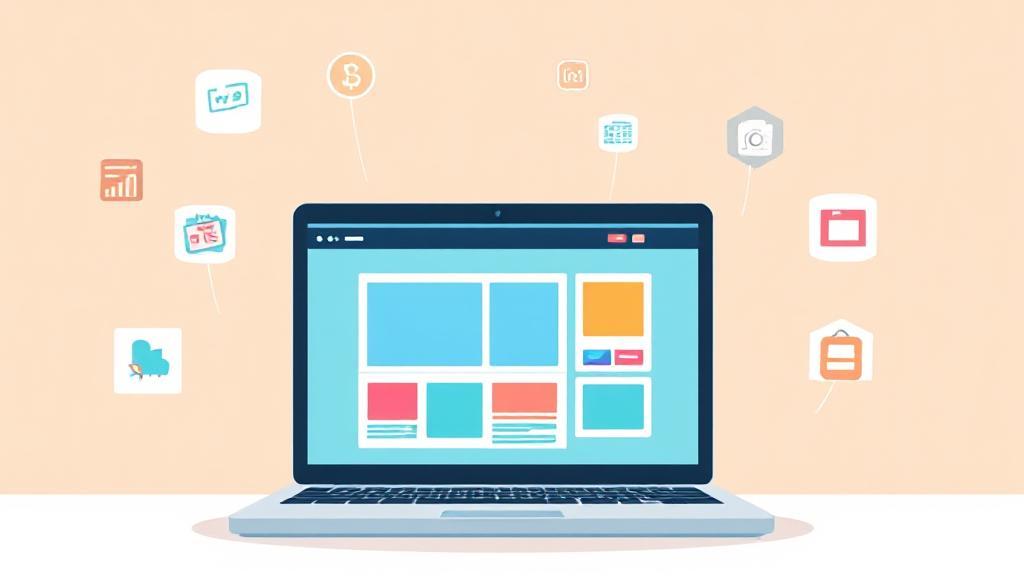 A vibrant illustration of a laptop displaying a website builder interface, surrounded by icons representing various free web development tools.