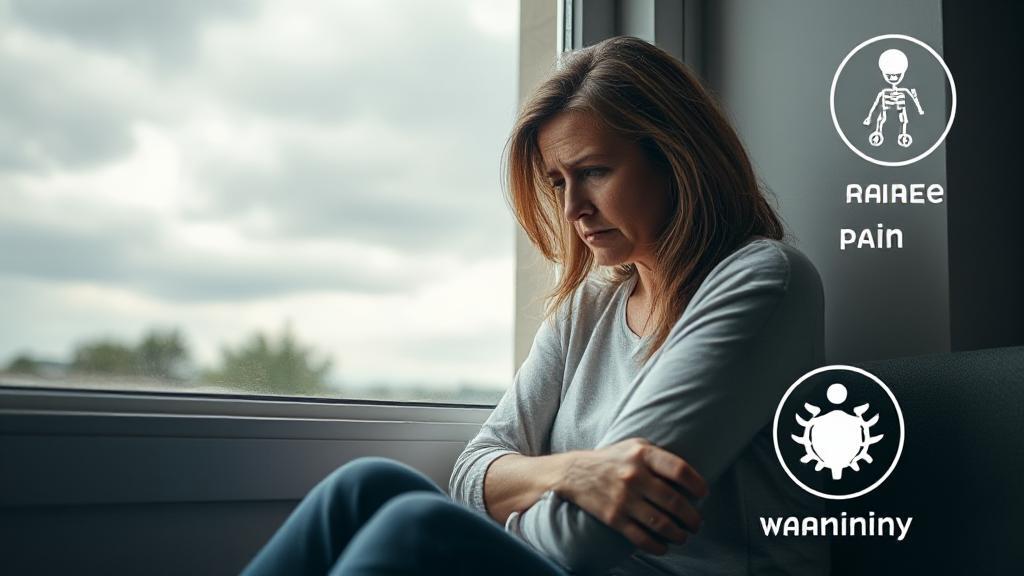 A concerned woman sits by a window on a cloudy day, looking tired and holding her arm, with medical icons highlighting fatigue, bone pain, and weakened immunity.