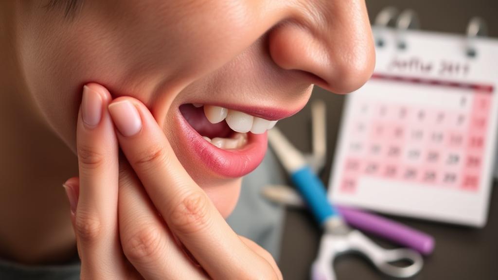 A close-up image of a person gently touching their cheek, illustrating discomfort from a toothache, with a background of dental tools and a calendar.
