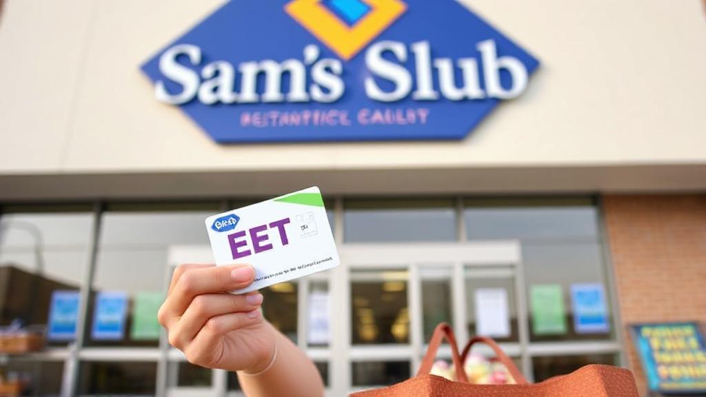 A shopper holding an EBT card stands in front of a Sam's Club entrance, with the store's logo prominently displayed.