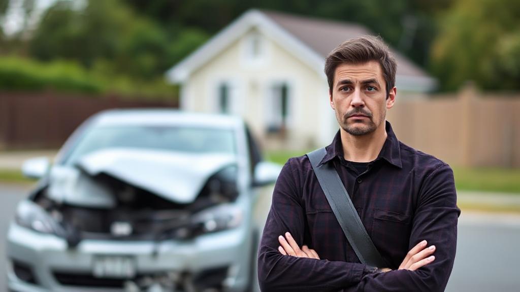 A worried driver stands in front of a damaged car, with a blurred image of a house in the background, symbolizing the potential financial impact of an at-fault accident.