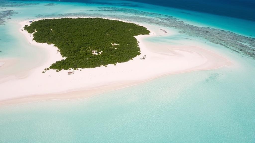 Aerial view of Half Moon Cay's pristine white sandy beaches and turquoise waters, showcasing the island's lush greenery and inviting coastline.