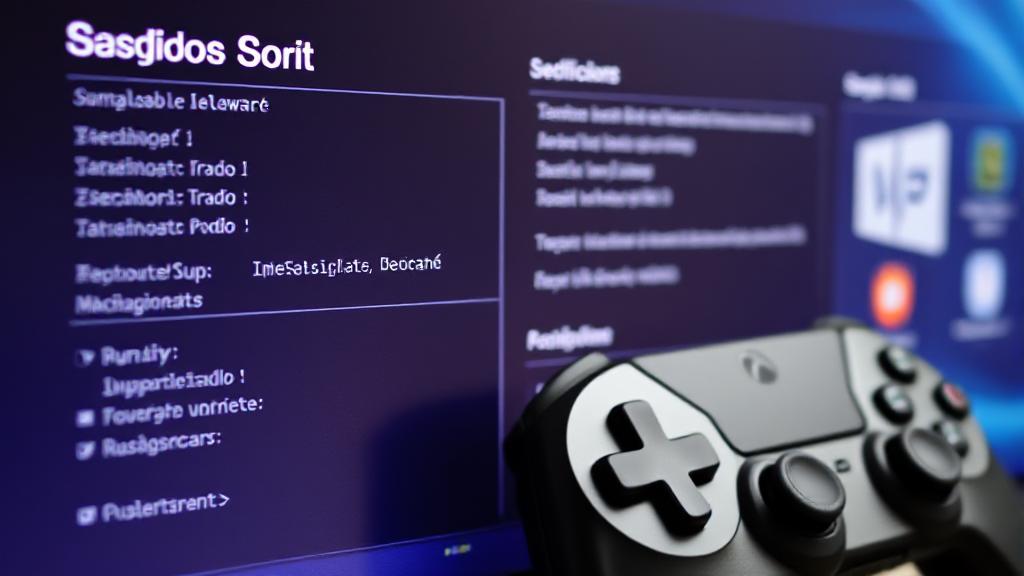 A close-up of a computer screen displaying system specifications alongside a gaming controller and software icons.