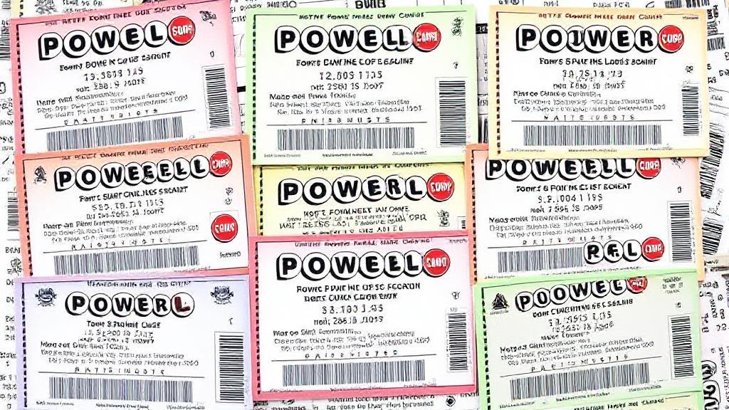 A colorful collage of Powerball tickets from various states, each marked with distinct purchase deadline times.