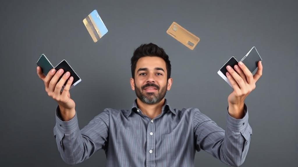 A person juggling multiple credit cards, symbolizing the concept of managing and balancing credit card debt.