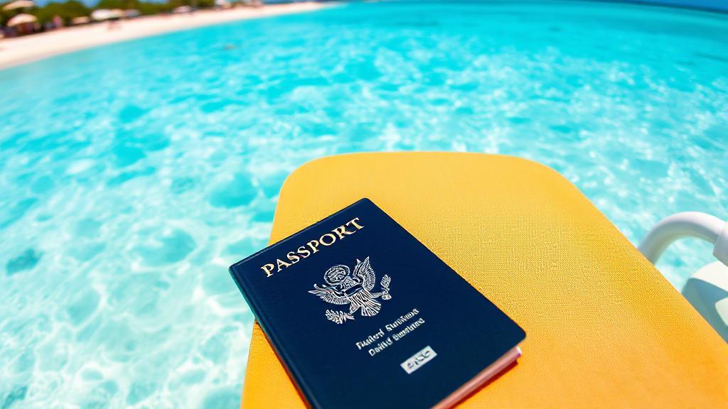 A vibrant beach scene in Cancun with clear blue waters and a passport lying on a sun lounger.