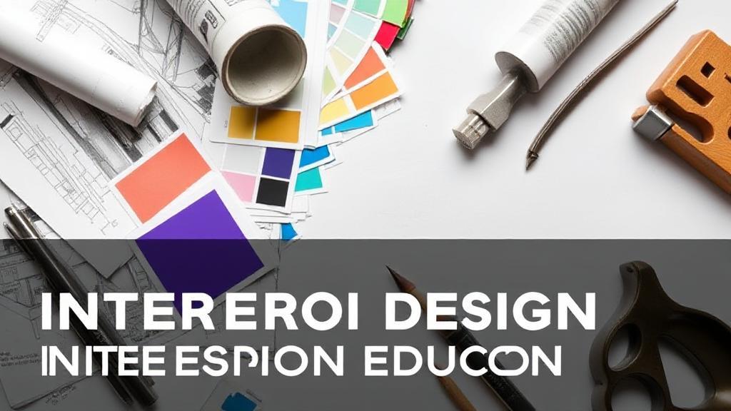 A creative workspace featuring design sketches, color swatches, and architectural tools, symbolizing the intersection of art and science in interior design education.