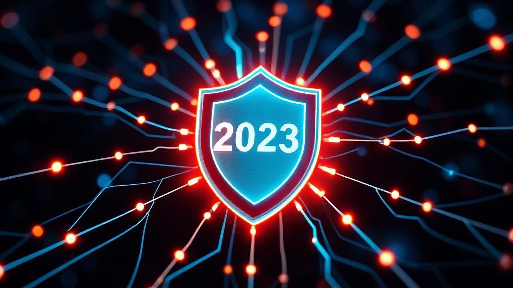 A digital shield icon surrounded by glowing network lines, symbolizing security and connectivity in 2023.