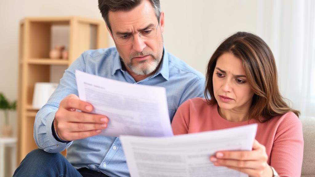 A couple reviewing financial documents with a concerned expression, symbolizing the impact of Chapter 7 bankruptcy on a spouse.