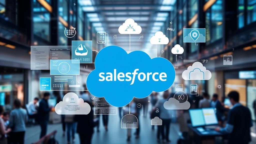 A dynamic collage of digital interfaces and cloud icons representing Salesforce's CRM capabilities against a backdrop of a bustling business environment.