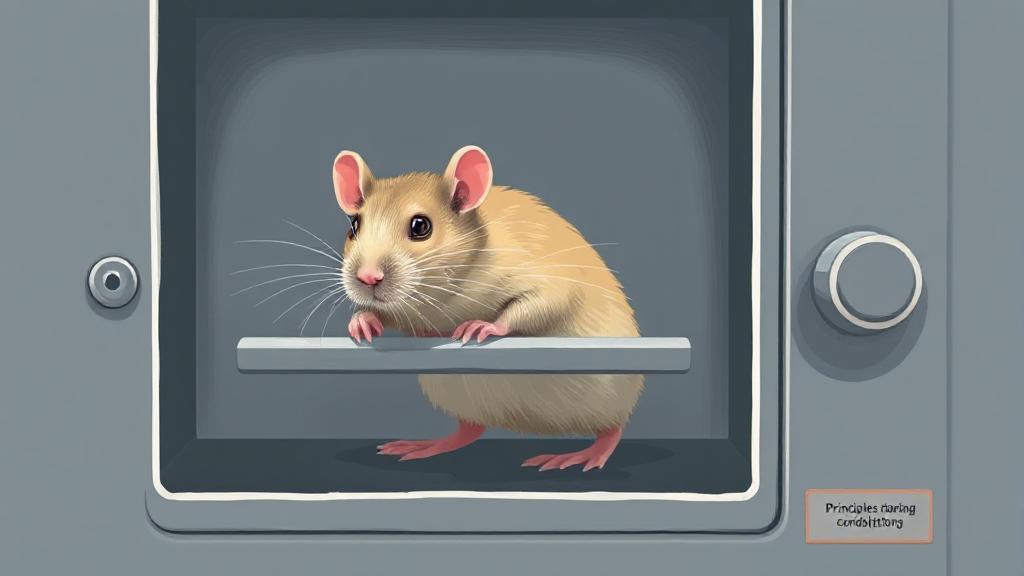 A dynamic illustration of a rat pressing a lever in a Skinner box, symbolizing the principles of operant conditioning in behavioral learning.