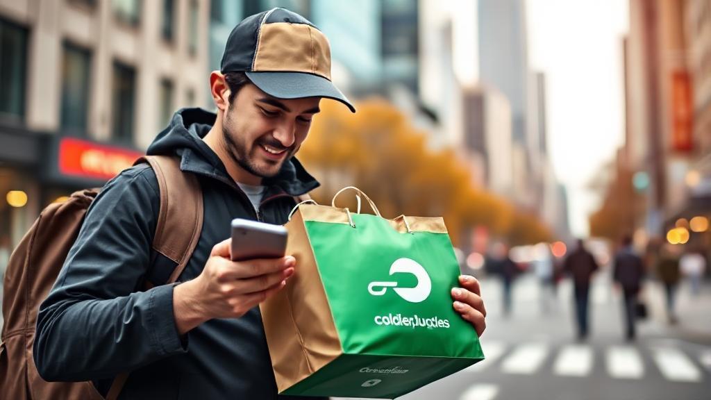 A dynamic image of a DoorDash delivery driver checking their phone while holding a food delivery bag, set against a bustling city backdrop.