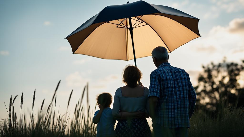 A serene family scene under a protective umbrella, symbolizing security and peace of mind through life insurance.