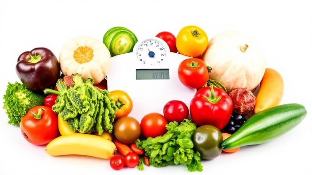 A colorful assortment of fresh fruits and vegetables arranged around a digital scale, symbolizing the balance and tracking central to the Weight Watchers Points System.