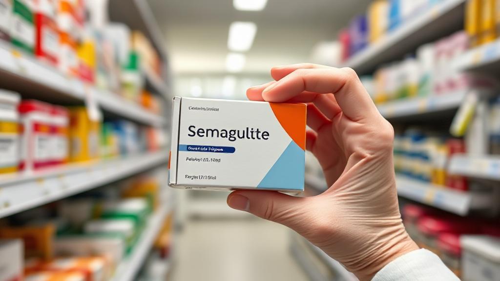 A close-up image of a pharmacist's hand holding a box of semaglutide medication in a well-organized pharmacy aisle.