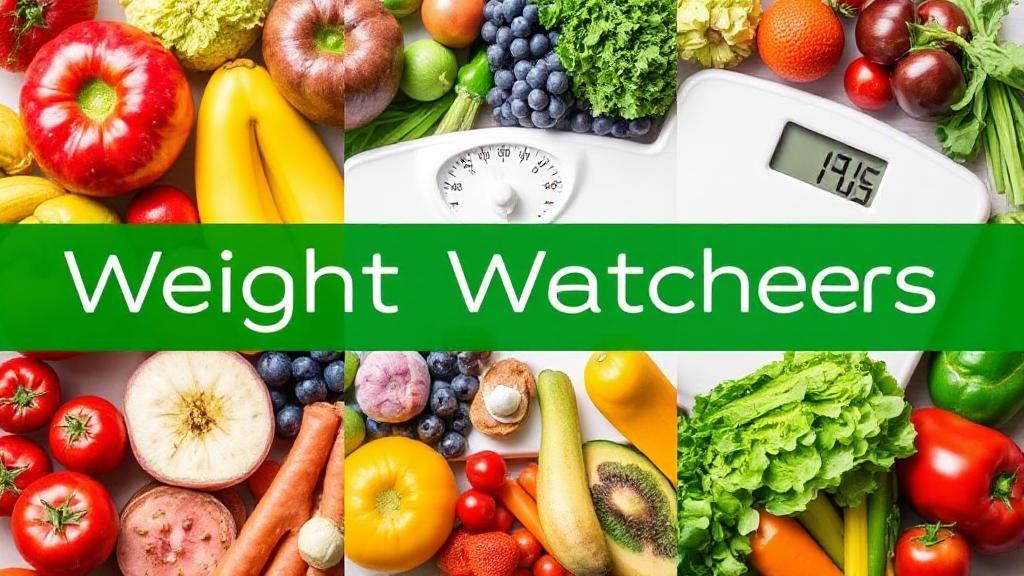 A vibrant collage of fresh fruits, vegetables, and a digital scale, symbolizing the balance and health focus of the Weight Watchers program.