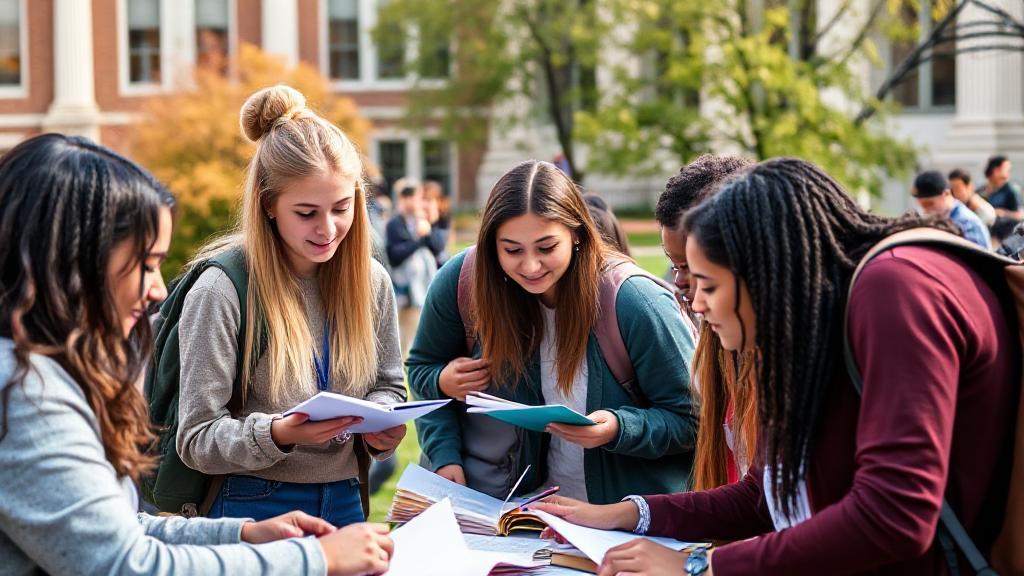 A diverse group of undergraduate students engaged in collaborative study on a vibrant college campus.