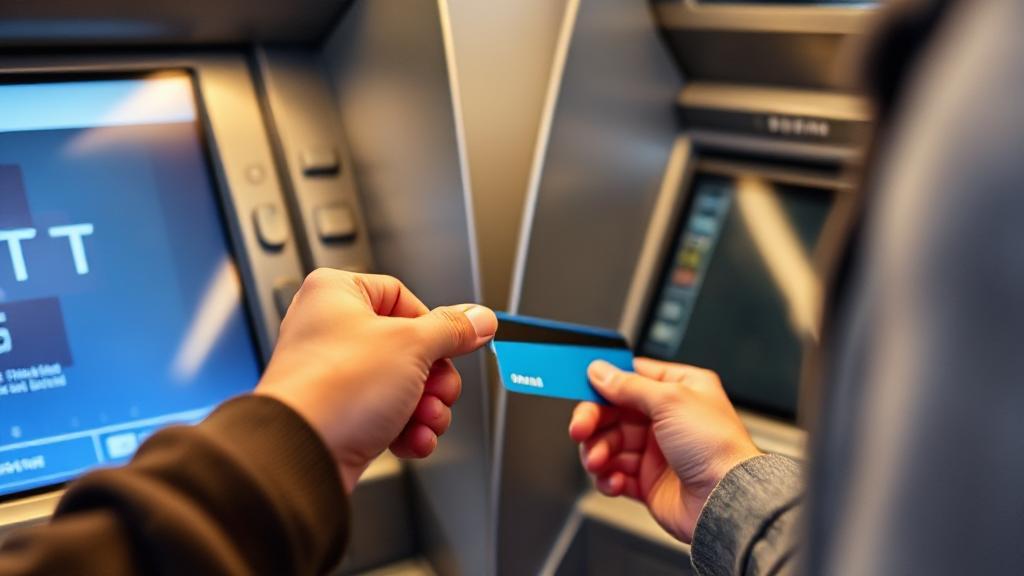A person withdrawing cash from an ATM using a credit card, with a focus on the card and ATM screen.