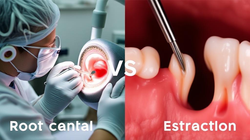 A split image showing a dentist performing a root canal on one side and a tooth extraction on the other, highlighting the decision between the two dental procedures.