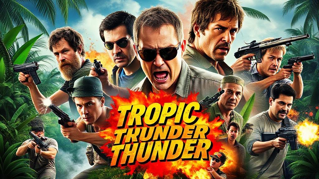 A vibrant collage featuring the main cast of "Tropic Thunder" in action-packed scenes, set against a backdrop of lush jungle foliage and explosive special effects.