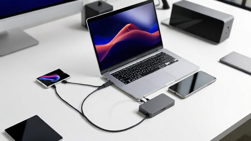A sleek workspace featuring a modern laptop connected to multiple devices through a stylish USB-C hub, showcasing seamless connectivity and productivity.