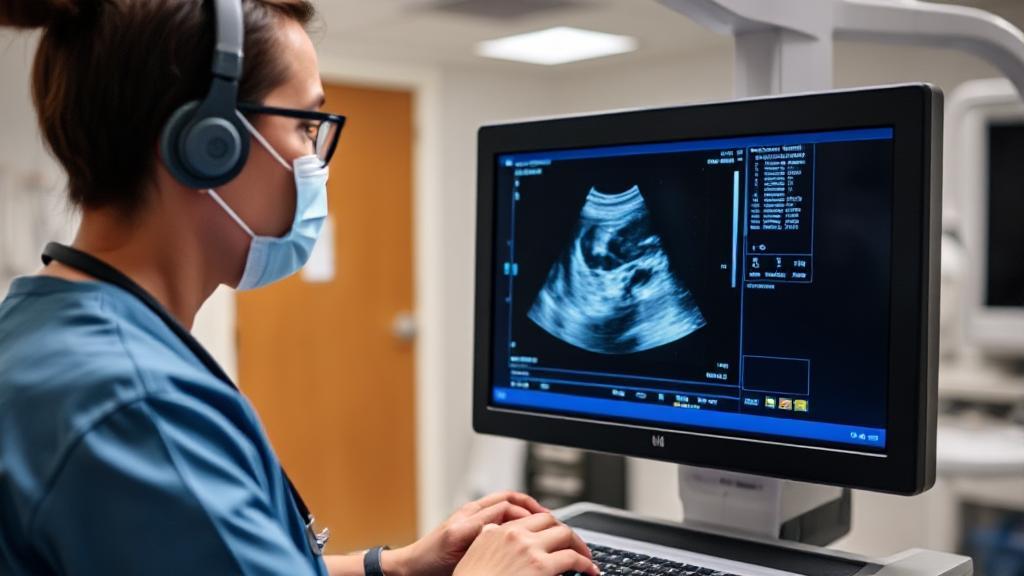 A sonographer conducting an ultrasound scan in a modern medical facility, with a focus on the ultrasound machine's display.