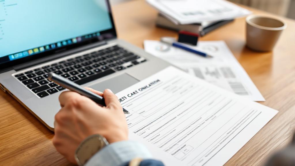 A professional image of a person filling out a credit card application form at a desk, with a laptop and financial documents in the background.