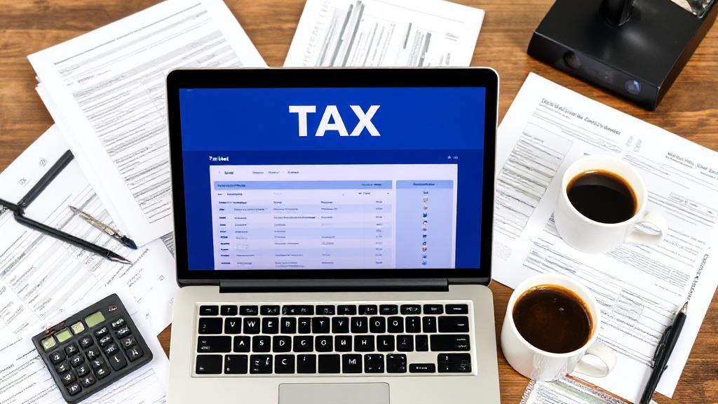 A neatly organized workspace with a laptop displaying tax software, surrounded by financial documents, a calculator, and a steaming cup of coffee.