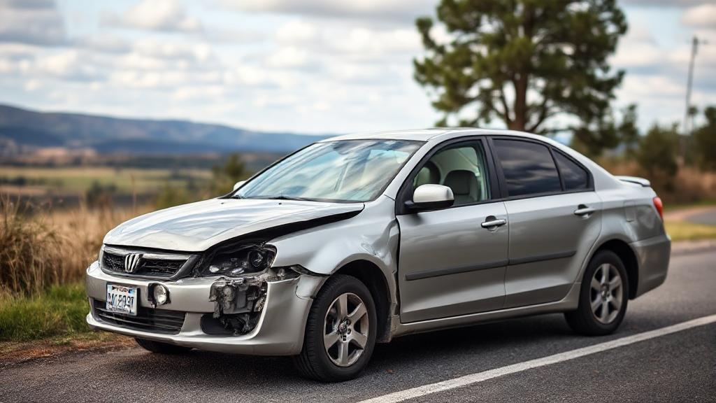 A slightly damaged car parked on the side of a road, with a scenic backdrop, symbolizing resilience and the potential for continued use despite being declared totaled.