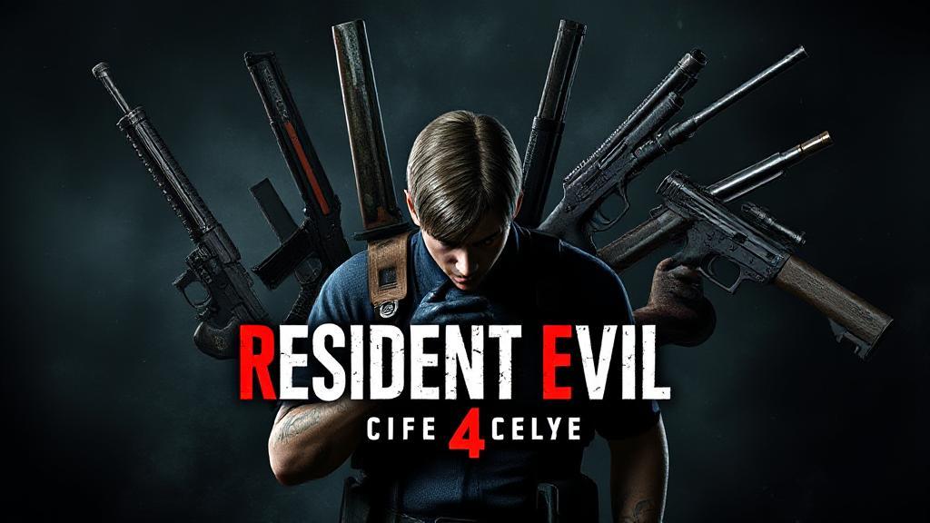 A dramatic collage of Resident Evil 4 Remake’s iconic weapons displayed against a dark, moody backdrop with Leon S. Kennedy ready for action.