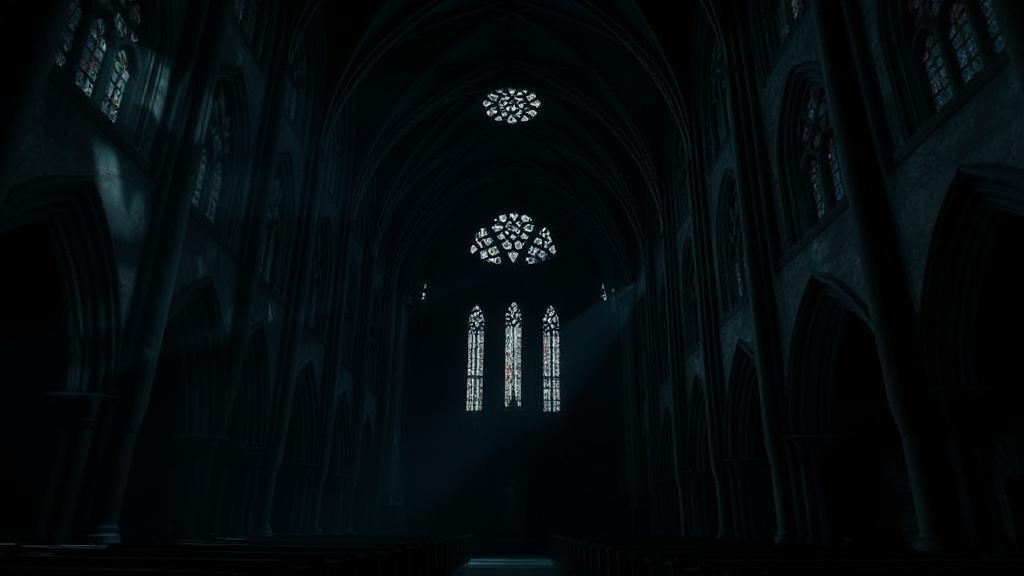 A chilling image of a shadowy, gothic cathedral interior, setting the eerie tone for "The Nun 2" streaming and theater guide.