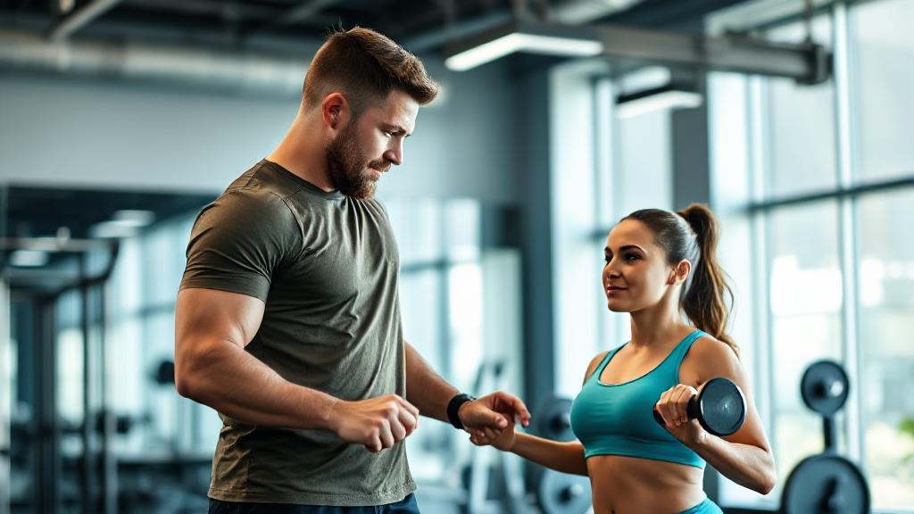 A dynamic image of a personal trainer guiding a client through a workout session in a modern gym, with a focus on professionalism and expertise.