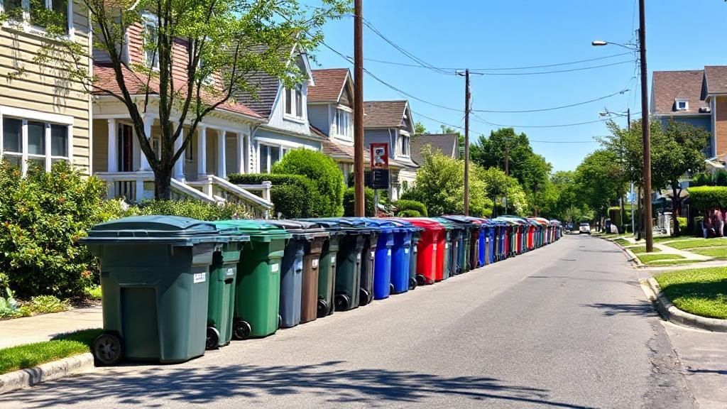 A neighborhood street lined with trash bins awaiting collection on a sunny day.