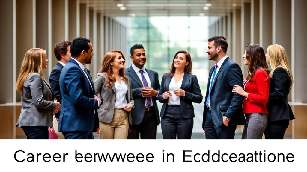 A diverse group of professionals in business attire engaged in a lively discussion, symbolizing the crossroads of career advancement and educational pursuit.