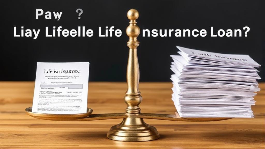 A balanced scale with a life insurance policy on one side and a stack of loan documents on the other, symbolizing the decision of paying off a life insurance loan.