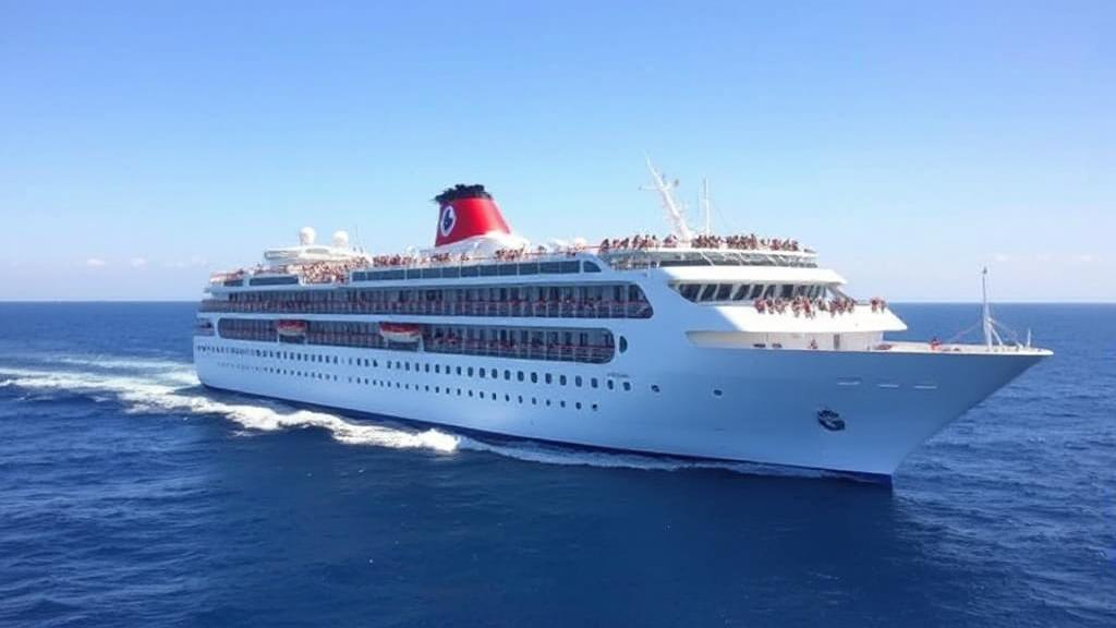 A vibrant cruise ship sailing under a clear blue sky, highlighting various deck levels bustling with excited passengers.