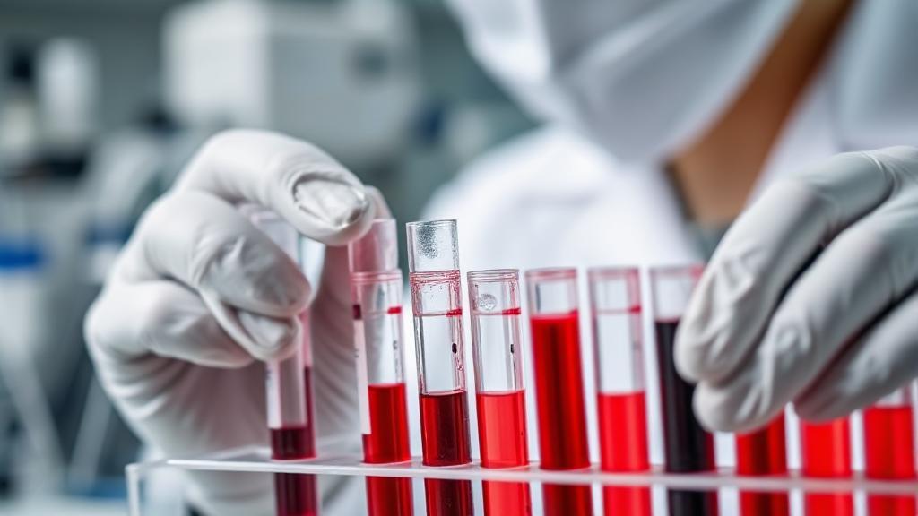 A close-up image of a laboratory technician analyzing blood samples in test tubes against a backdrop of medical equipment.