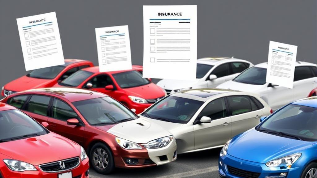 A diverse lineup of cars parked in a row, each with a different insurance policy document floating above it, symbolizing various coverage options.