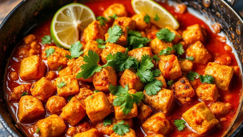 A vibrant image showcasing a sizzling pan of sofritas, featuring crumbled tofu in a rich, spicy sauce, garnished with fresh cilantro and lime wedges.
