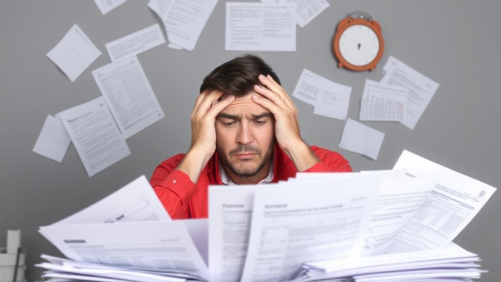 A stressed individual surrounded by tax documents and a looming calendar marked with a missed deadline.