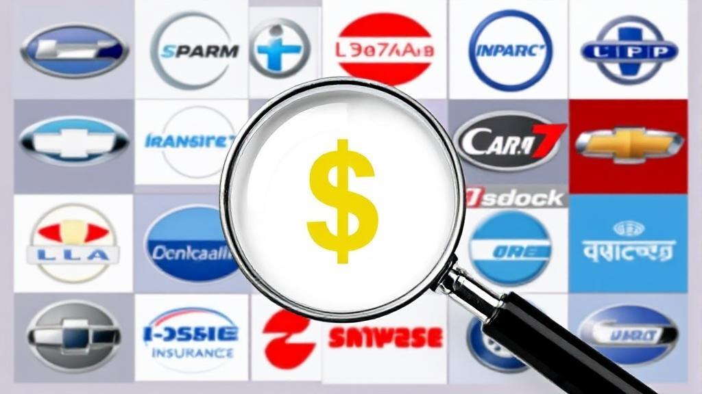 A collage of various car insurance logos with a magnifying glass highlighting a dollar sign.