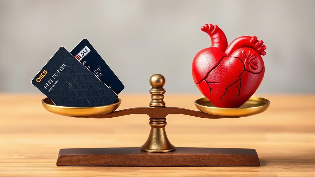 A balanced scale with credit cards on one side and a healthy heart on the other, symbolizing the harmony between credit accounts and financial well-being.