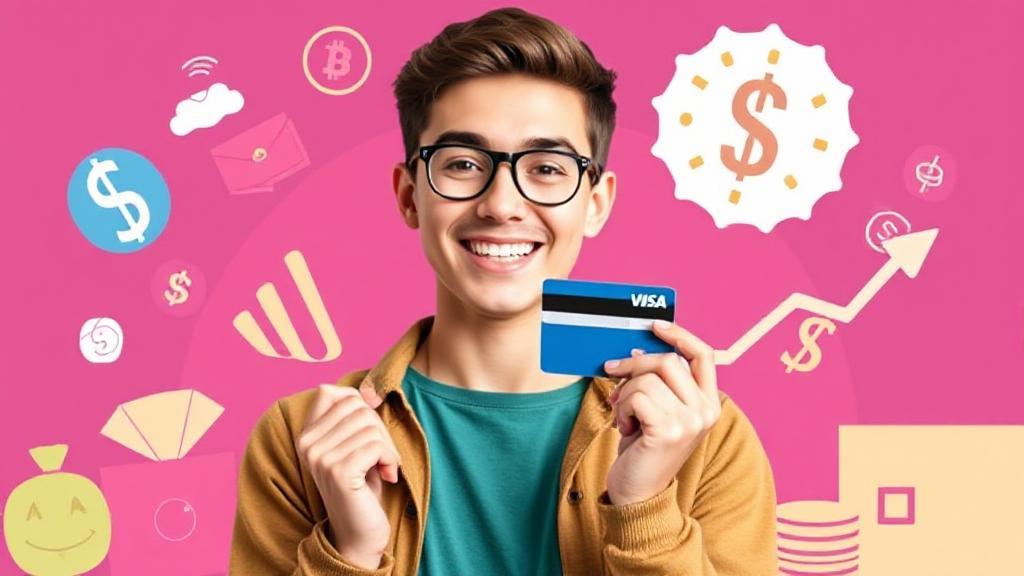 A vibrant image of a young adult confidently holding a credit card, surrounded by symbols of financial growth and responsibility.