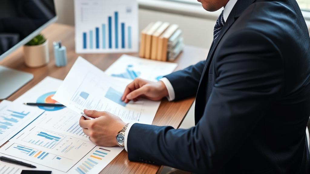 A professional CPA reviewing financial documents at a desk, surrounded by charts and graphs, symbolizing financial analysis and salary insights.
