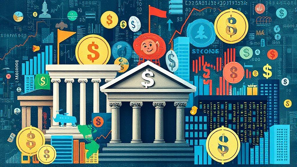 A dynamic collage of banks, stock markets, and digital currency symbols representing the diverse roles of financial institutions in the global economy.